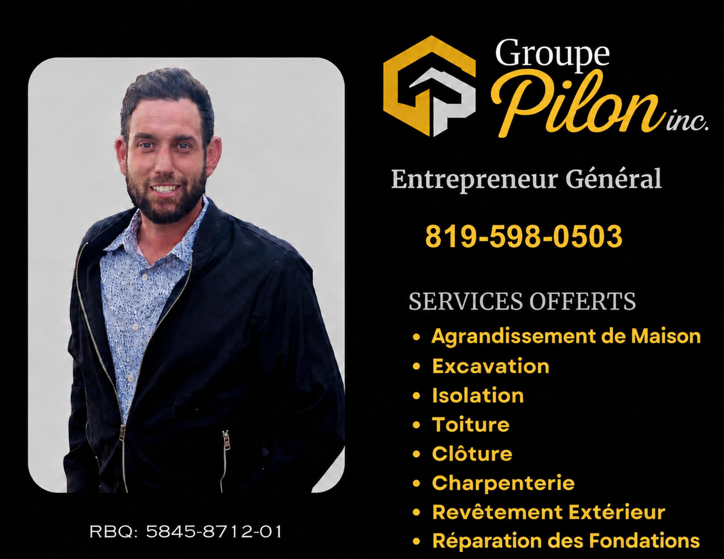 Présentation en français de Groupe Pilon inc. avec une photo du représentant, le numéro de téléphone, le permis RBQ et les services offerts