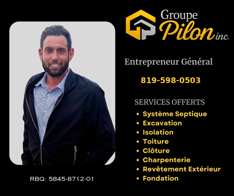 Carte de Groupe Pilon avec l’entrepreneur, le nouveau logo, le numéro de téléphone et la liste des services